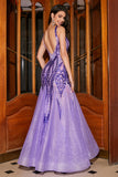 Stunning Mermaid V Neck Purple Sequins Long Ball Dress with Open Back