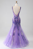 Sparkly Purple Mermaid V Neck Sequins Long Ball Dress