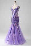 Sparkly Purple Mermaid V Neck Sequins Long Ball Dress