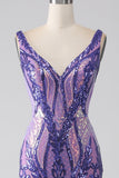Sparkly Purple Mermaid V Neck Sequins Long Ball Dress