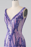 Sparkly Purple Mermaid V Neck Sequins Long Ball Dress