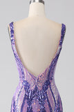 Sparkly Purple Mermaid V Neck Sequins Long Ball Dress