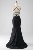 Mermaid Black Spaghetti Straps Long Ball Dress with Slit
