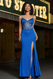 Mermaid Royal Blue Glitter Corset Ball Dress with Beading