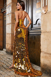 Golden Mermaid Halter Glitter Mirror Ball Dress With High Slit