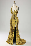 Golden Mermaid Halter Deep V-Neck Backless Mirror Ball Dress With High Slit