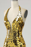 Golden Mermaid Halter Deep V-Neck Backless Mirror Ball Dress With High Slit