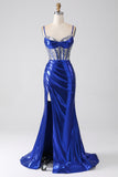 Royal Blue Mermaid Sparkly Sequin Pleated Corset Ball Dress With Slit