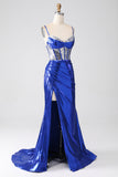 Royal Blue Mermaid Sparkly Sequin Pleated Corset Ball Dress With Slit