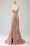 Rose Gold Mermaid Beaded Ruched Sequin Corset Ball Dress With Side Slit