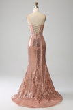 Rose Gold Mermaid Beaded Ruched Sequin Corset Ball Dress With Side Slit