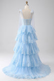 Light Blue Sweetheart Bow Tie Straps Tiered Tulle Sequin Ball Dress with Appliques