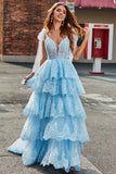 Tiered Tulle Sweetheart Bow Tie Straps Sequin Ball Dress with Appliques