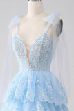 Light Blue Sweetheart Bow Tie Straps Tiered Tulle Sequin Ball Dress with Appliques