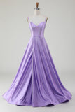 Simple Sparkly Lilac A-Line Side Slit Corset Ball Dresses with Rhinestones
