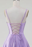 Simple Sparkly Lilac A-Line Side Slit Corset Ball Dresses with Rhinestones