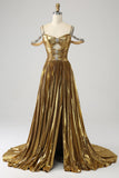 Stunning A Line Off the Shoulder Gold Long Ball Dress with Keyhole