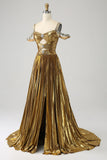 Stunning A Line Off the Shoulder Gold Long Ball Dress with Keyhole