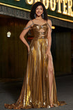 Sparkly Ruched Spaghetti Straps Beaded Metallic Ball Dress With Slit