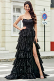 Stylish A Line Strapless Black Tiered Sequins Long Ball Dress with Ruffles