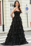 Stylish A Line Strapless Black Tiered Sequins Long Ball Dress with Ruffles