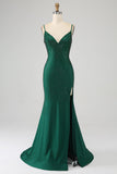 Sparkly Dark Green Spaghetti Straps Beaded Long Mermaid Ball Dress with Slit