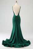 Sparkly Dark Green Spaghetti Straps Beaded Long Mermaid Ball Dress with Slit