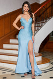 Blue Mermaid  Spaghetti Straps Beaded Sparkly Long Ball Dress with Slit