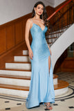 Blue Mermaid  Spaghetti Straps Beaded Sparkly Long Ball Dress with Slit