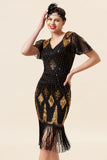 Black and Golden Sequins Fringes 1920s Gatsby Dress with 20s Accessories Set