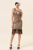 Golden Sequined Fringes 1920s Flapper Dress with 20s Accessories Set