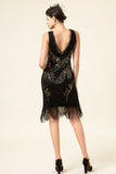 Black Sequined Fringes 1920s Gatsby Flapper Dress with 20s Accessories Set