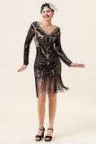 Black Long Sleeves Sequined Fringes 1920s Gatsby Flapper Dress with 20s Accessories Set