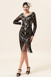 Black Long Sleeves Sequined Fringes 1920s Gatsby Flapper Dress with 20s Accessories Set