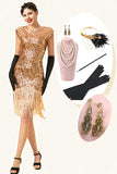 Pink Cap Sleeves Sequined Fringes 1920s Gatsby Flapper Dress with 20s Accessories Set