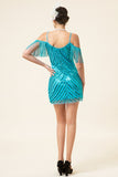 Turquoise Sequined Fringes 1920s Gatsby Flapper Party Dress with 20s Accessories Set