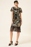 Black and Golden Cap Sleeves Sequined Fringes 1920s Gatsby Flapper Dress with 20s Accessories Set