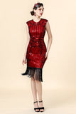 Burugndy Sequins Fringed Flapper Dress with 1920s Accessories Set