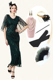 Beaded Glitter Green Flapper Dress with 1920s Accessories Set