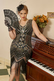 Black Golden Sequins Plus Size 1920s Gatsby Dress with 20s Acessories Set