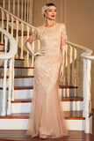 Sparkly Blush Sequined Long 1920s Flapper Dress with 20s Accessories