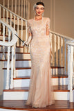 Sparkly Blush Sequined Long 1920s Flapper Dress with 20s Accessories