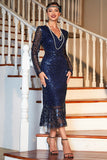 Navy Long Sleeves Sequined 1920s Gatsby Dress with Acessories Set