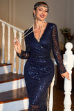 Navy Long Sleeves Sequined 1920s Gatsby Dress with Acessories Set