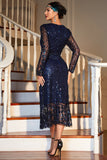 Navy Long Sleeves Sequined 1920s Gatsby Dress with Acessories Set