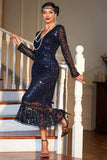 Navy Long Sleeves Sequined 1920s Gatsby Dress with Acessories Set