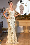 Sparkly Golden Sequin Long 1920s Dress with Accessories Set