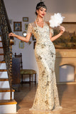 Sparkly Golden Sequin Long 1920s Dress with Accessories Set