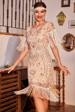 Sparkly Champagne Sequins Fringed 1920s Dress with Accessories Set