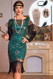 Sparkly Dark Green Cap Sleeves Sequins Fringed 1920s Dress with Accessories Set